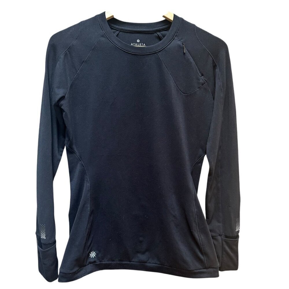 Athleta Top Pullover Black Long Sleeve‎ Crew Neck Thumb Holes Pocket Womens XS